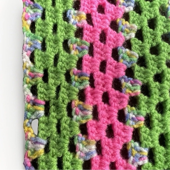 Vintage Handmade Crochet Granny Blanket Pink Green Square Cottagecore 64 x 64 - Picture 5 of 5